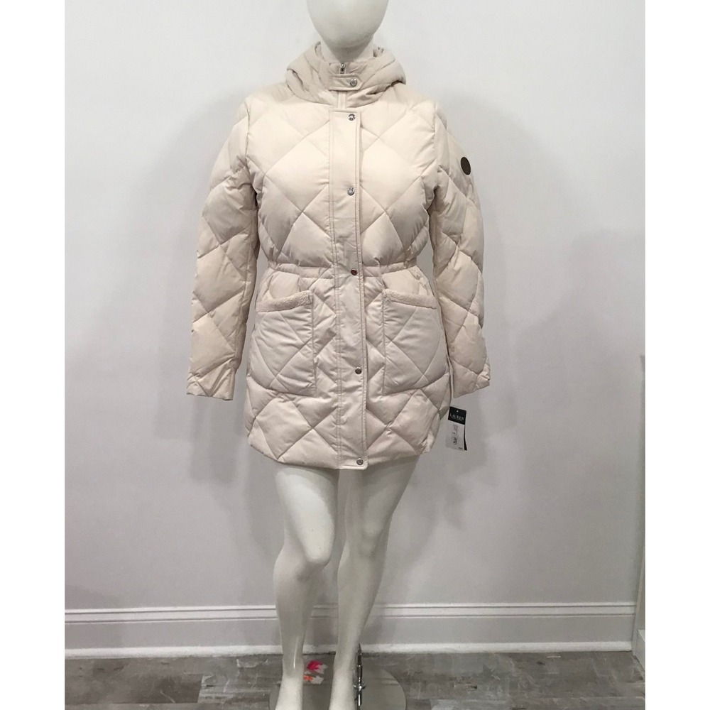 Lauren Ralph Lauren Quilted Puffer Coat Women Large Cream Good Hooded Parka New - Picture 3 of 16